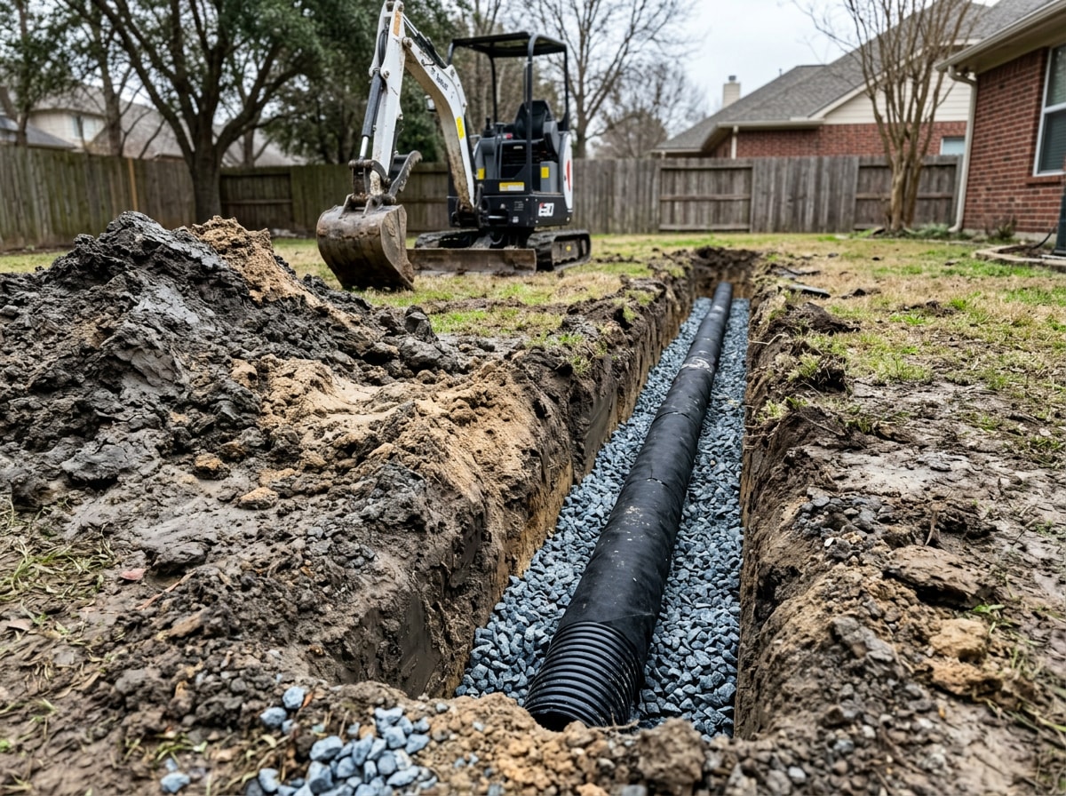 French drain installation with washed gravel and perforated pipe in a Tallahassee back yard
