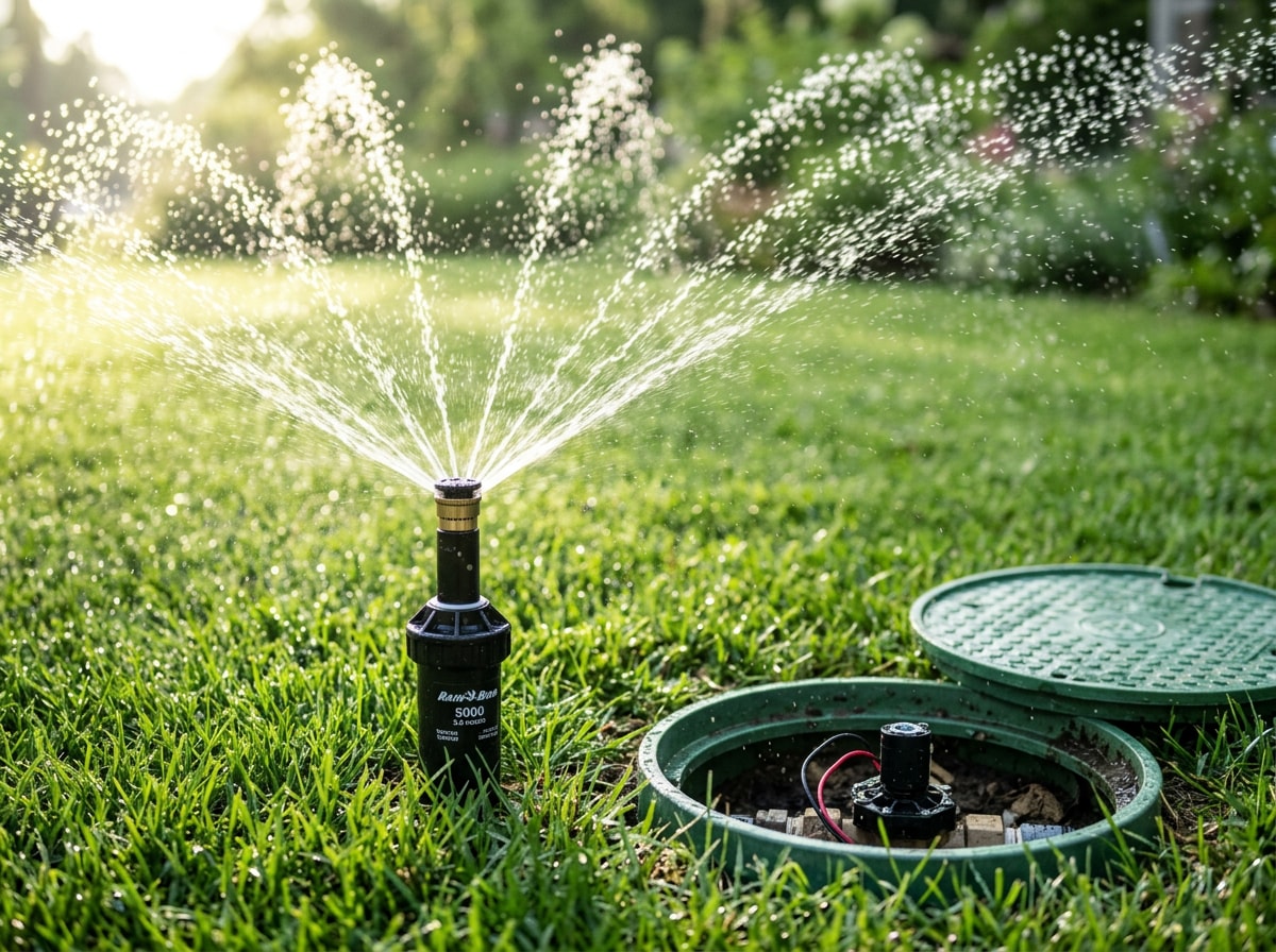 Technician adjusting a rotor sprinkler head during an irrigation zone audit