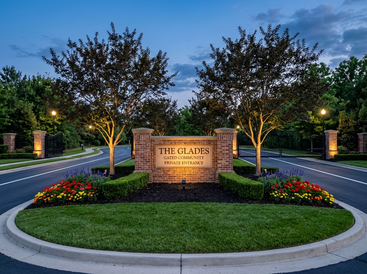 Seasonal color and trimmed entrance beds at a gated community entry in Tallahassee