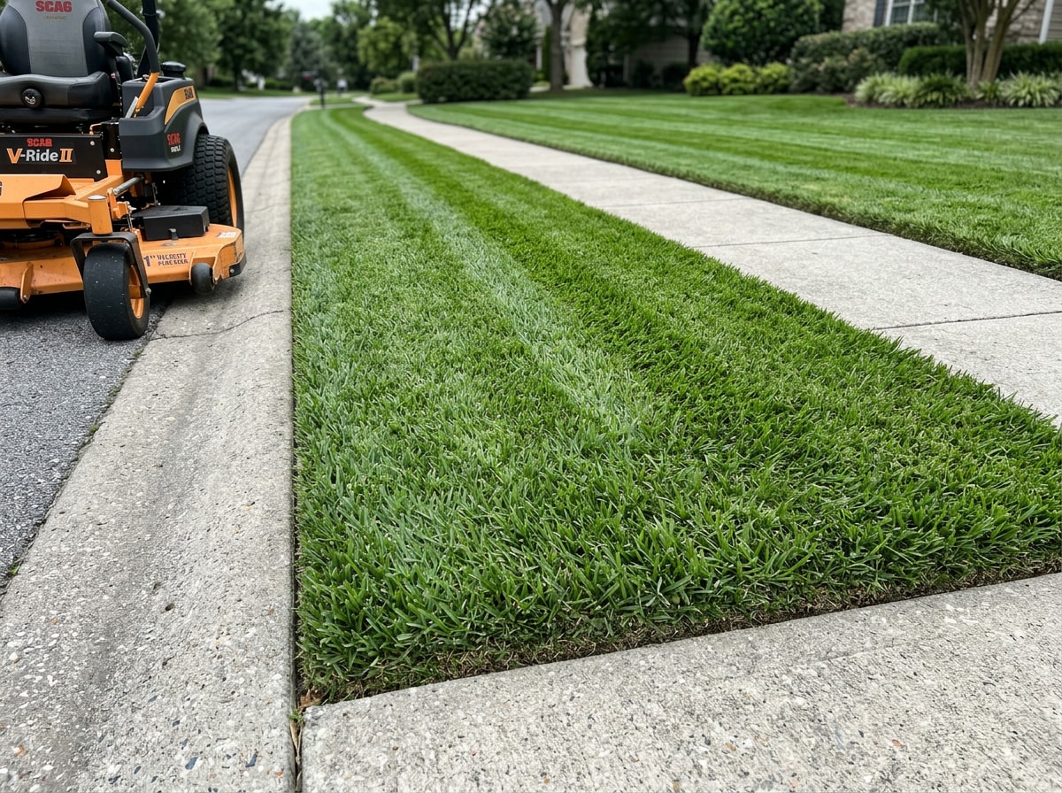 Crew mowing and edging a St. Augustine lawn during weekly lawn service in Southwood, FL