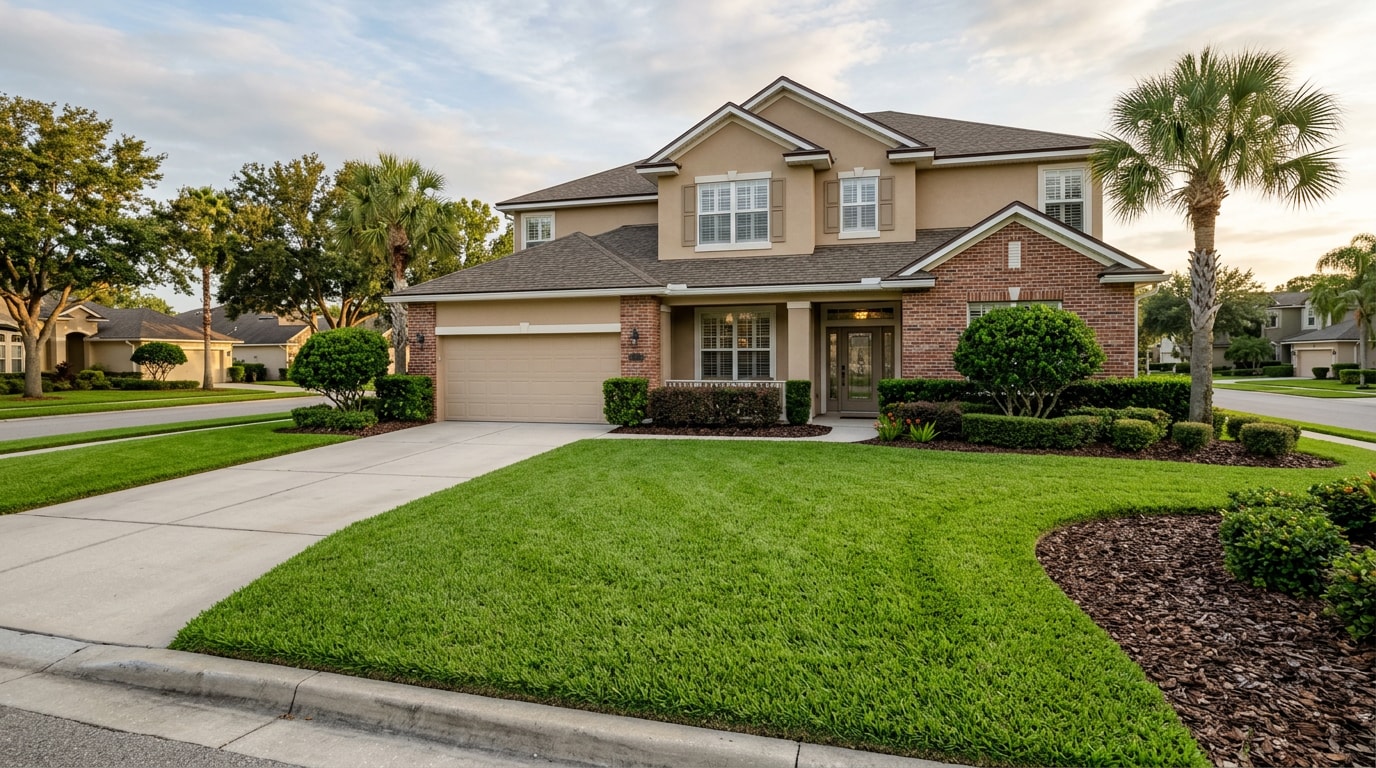 Freshly maintained front lawn and landscape beds at a Southwood, FL home