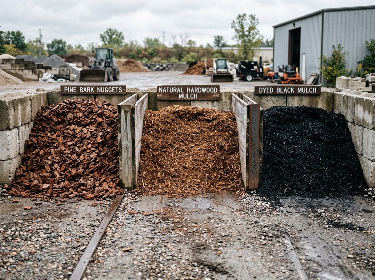 Bulk mulch bins holding pine bark nuggets, hardwood mulch and dyed black and brown mulch side by side