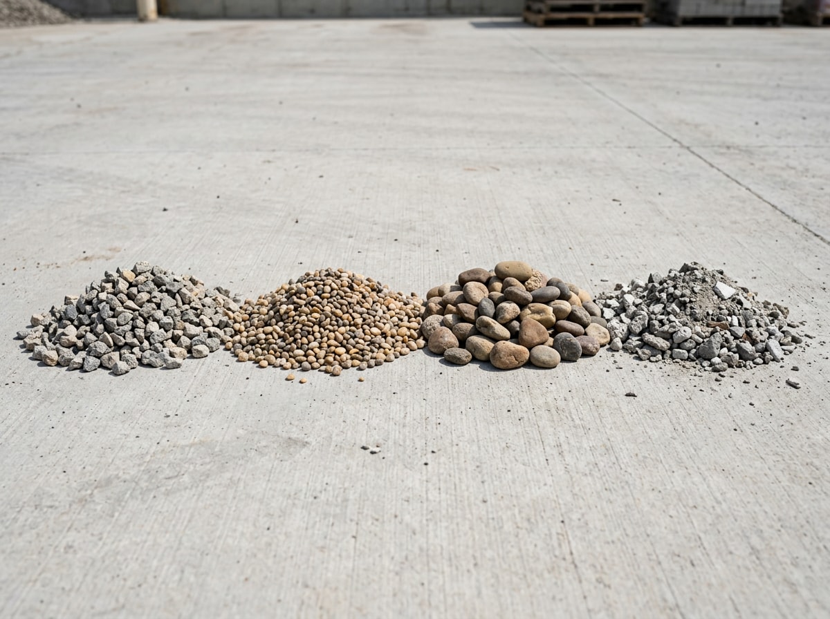 Side by side comparison piles of number 57 stone, pea gravel, river rock and crushed concrete at a landscape supply yard