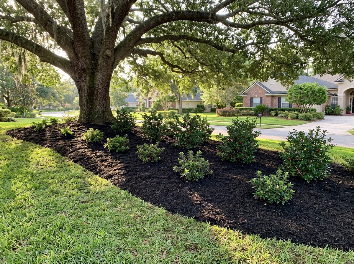 Sloped planting bed under a mature live oak canopy in a Betton Hills, FL yard, freshly mulched with shredded hardwood
