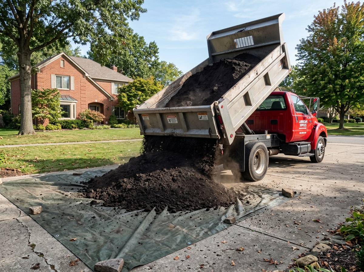 Dump truck tipping a load of bulk screened topsoil onto a tarp in a residential Tallahassee driveway