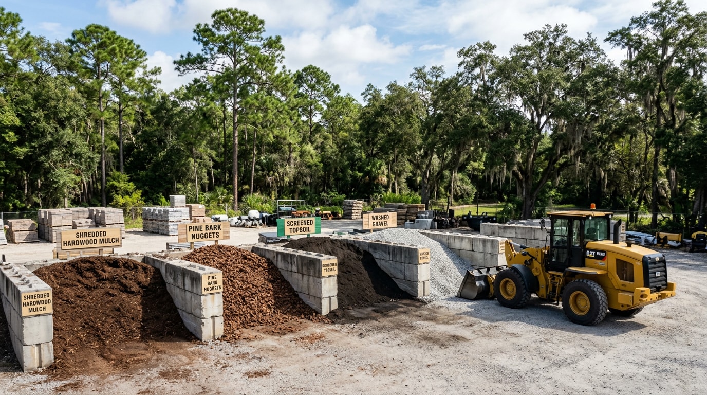 Landscape supply yard near Betton Hills, FL with bulk bins of mulch, topsoil and gravel
