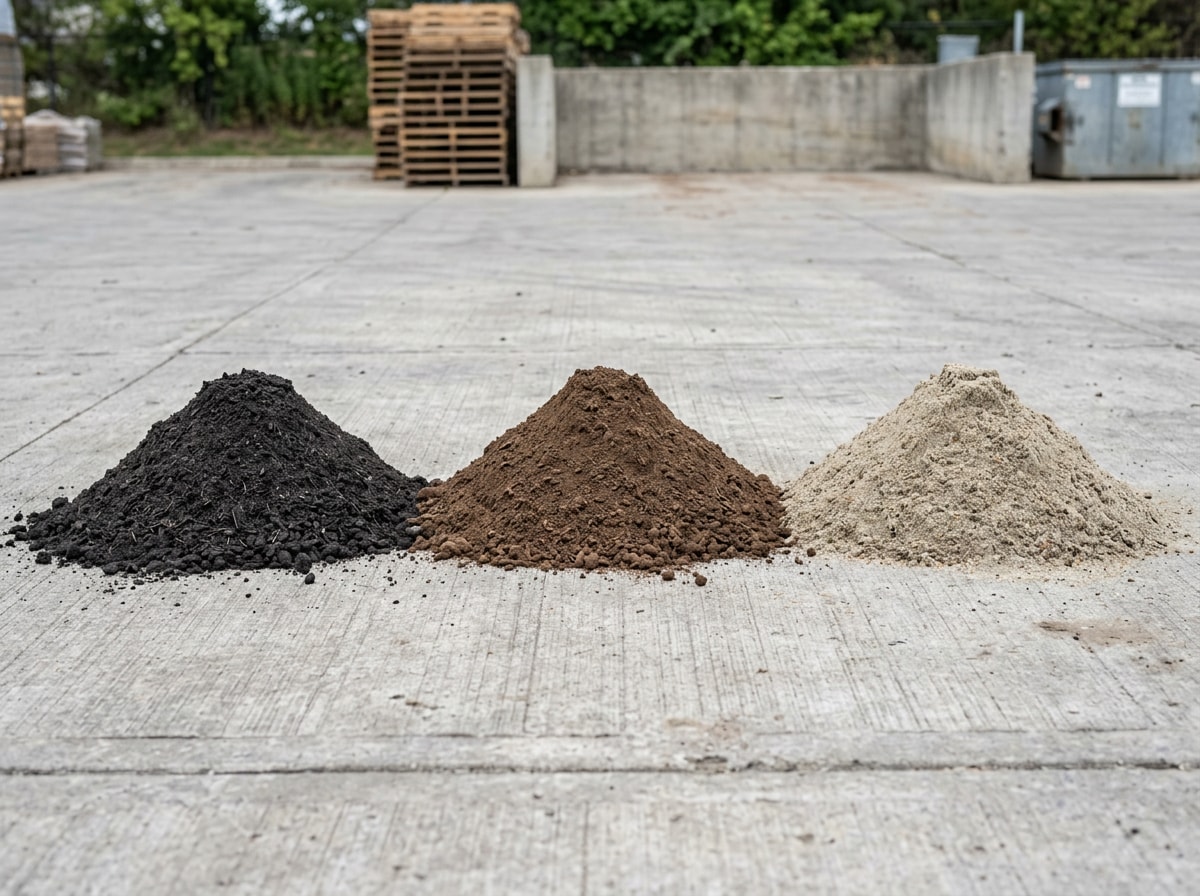 Compost, screened topsoil and washed sand shown side by side for lawn top dressing