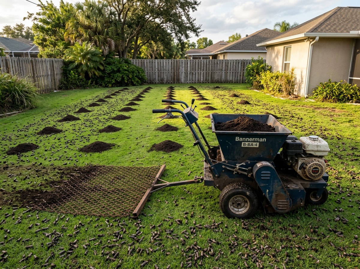 Crew spreading lawn top dressing and leveling it with a drag mat