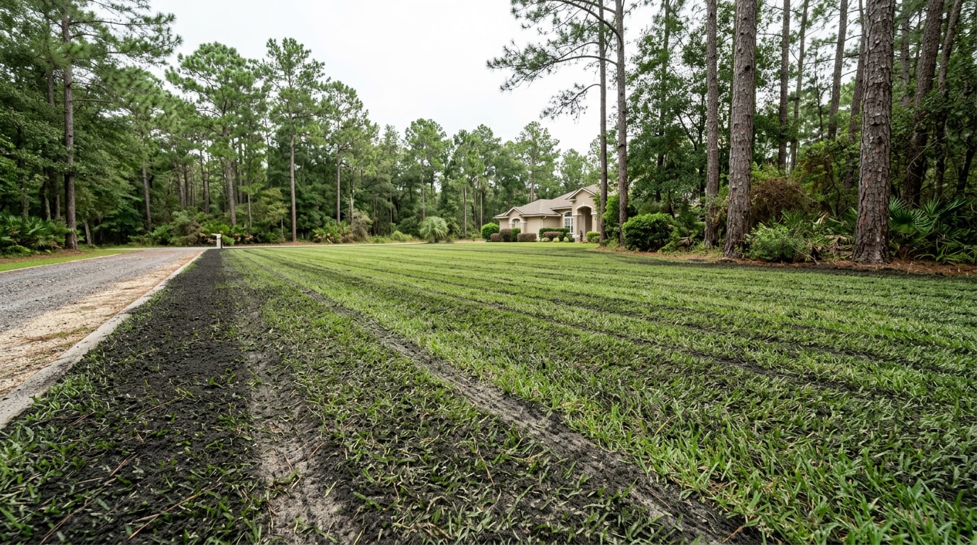 Freshly top dressed residential lawn with a thin compost layer worked into green turf