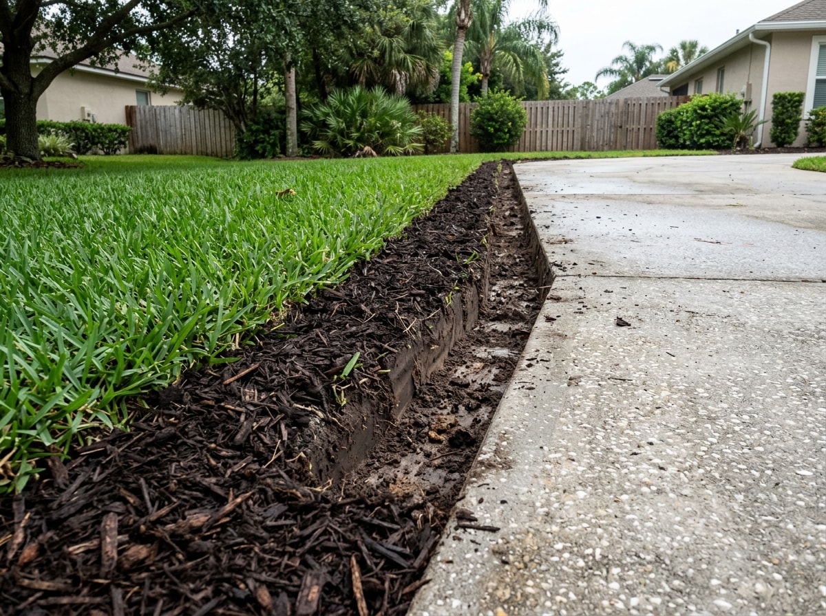 Freshly cut bed edge separating St. Augustine turf from dark mulch along a concrete driveway