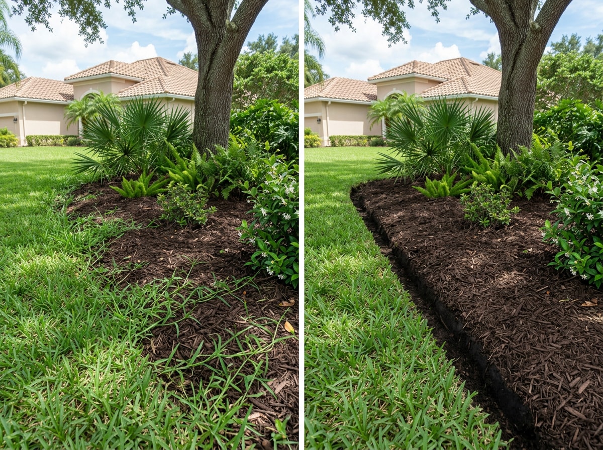 Side-by-side view of a mulch bed before and after a fresh V-cut bed edge
