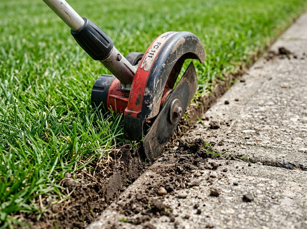 Close-up of a steel stick edger blade cutting a clean vertical line beside a concrete sidewalk