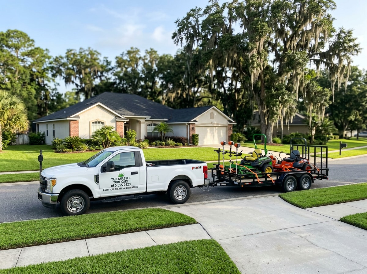 Service truck and trailer parked at a Tallahassee residential property with freshly edged walkways