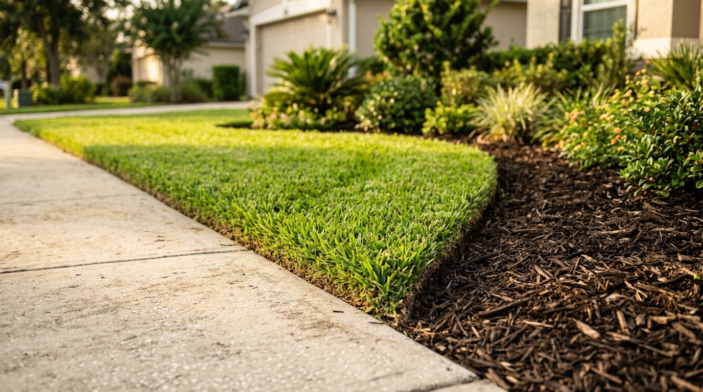 Crisp lawn edge between St. Augustine turf and a concrete sidewalk at a Leon County, FL home Crisp lawn edge between St. Augustine turf and a concrete sidewalk at a Leon County, FL home