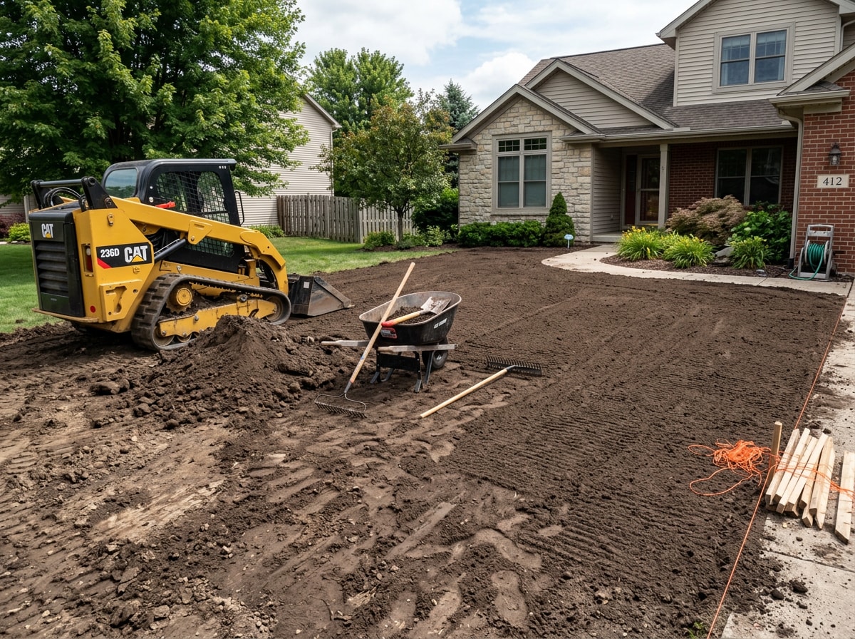 Lawn grading crew smoothing fill dirt across a residential backyard before sod installation