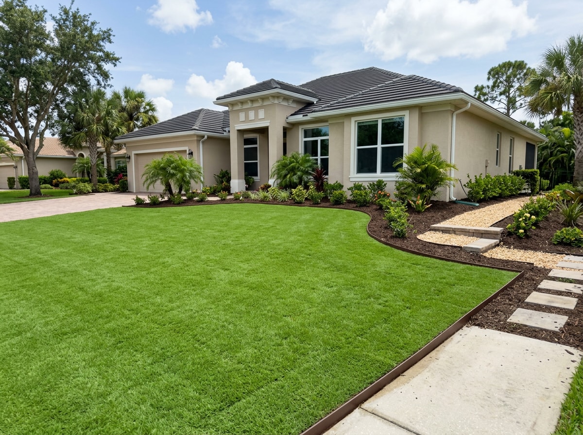Finished Golden Eagle lawn showing smooth, even turf with proper slope away from the home
