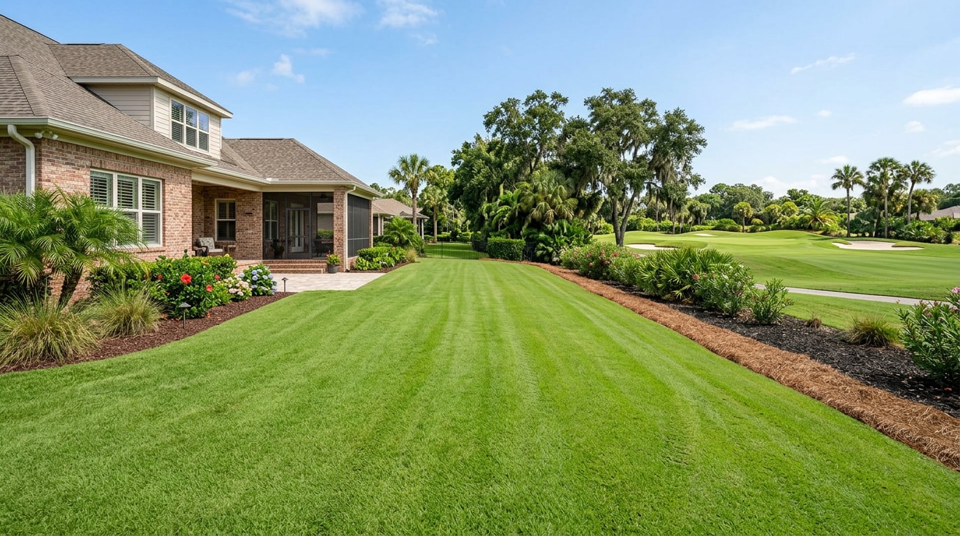 Freshly leveled and graded residential lawn in Golden Eagle, FL with smooth even turf Freshly leveled and graded residential lawn in Golden Eagle, FL with smooth even turf