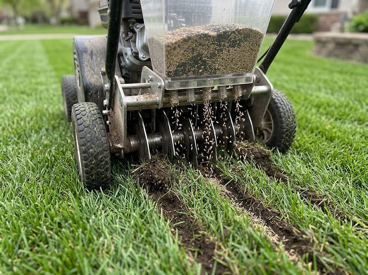 Slice seeder cutting parallel seed grooves into a residential lawn