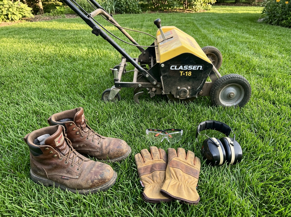 Safety gear including boots, glasses, and gloves staged beside a parked lawn overseeder