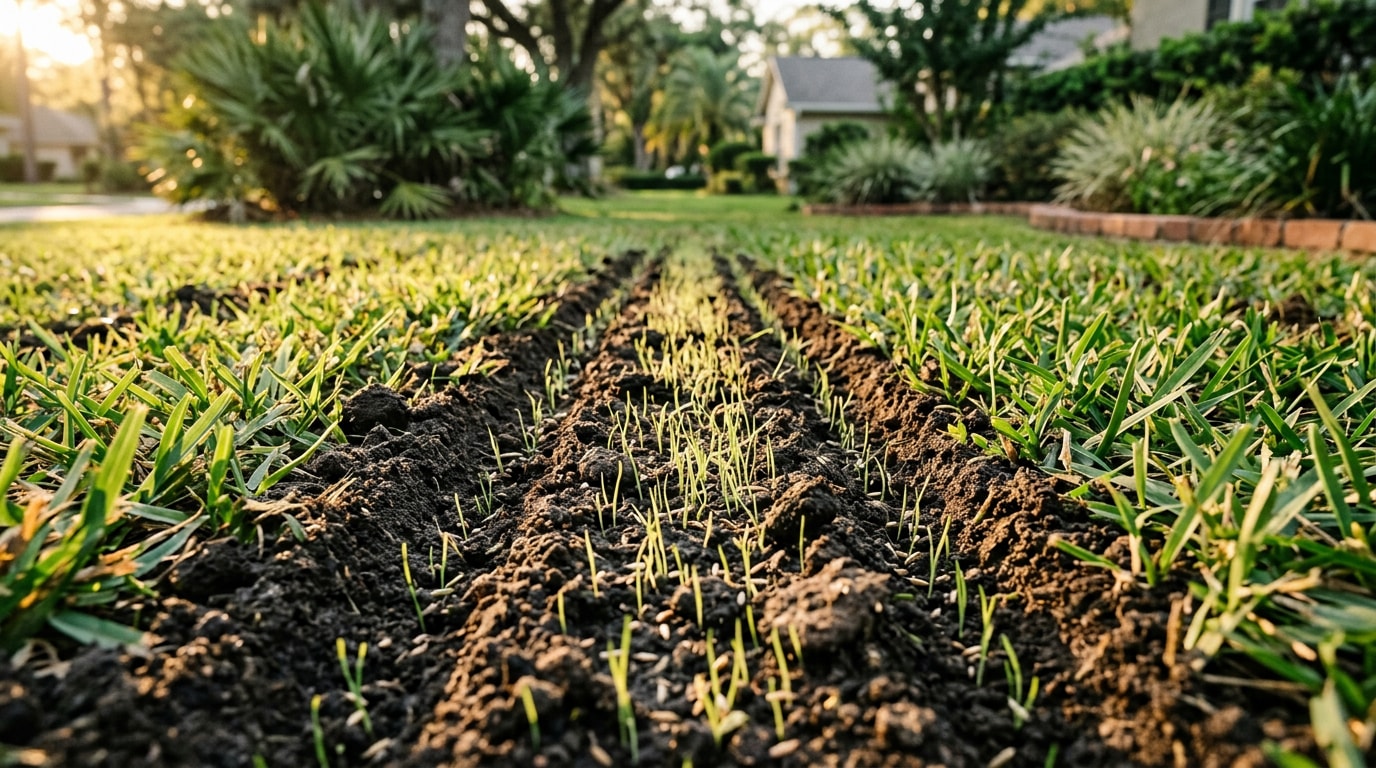 Freshly overseeded residential lawn showing rows of new grass growth in North Florida