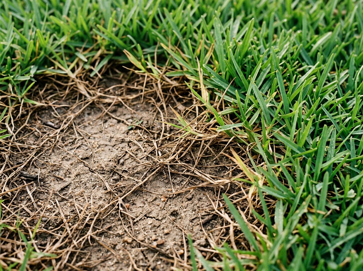 Close-up of a bare patch in St. Augustine turf with soil exposed in a Havana, FL front yard