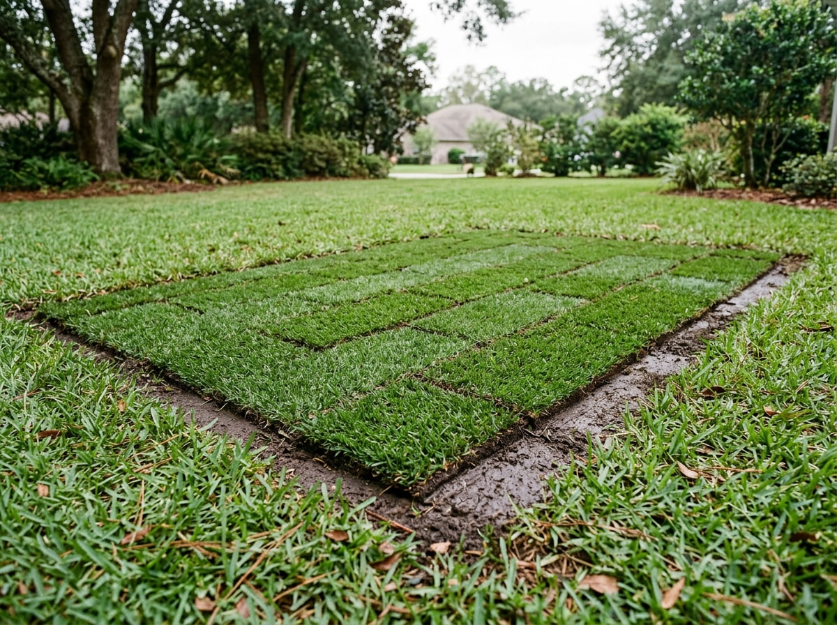 Freshly laid sod patches blending into an established North Florida lawn after repair