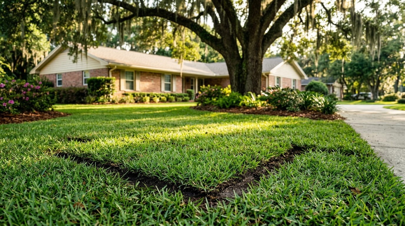 Repaired residential lawn in Havana, FL with new sod patches blended into existing turf