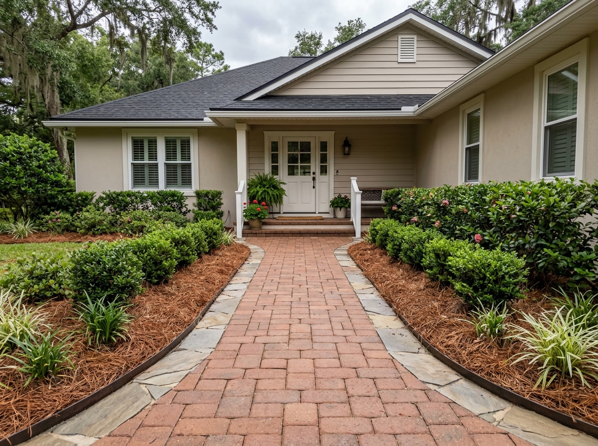 Paver walkway bordered with natural stone leading to a Centerville FL front entry