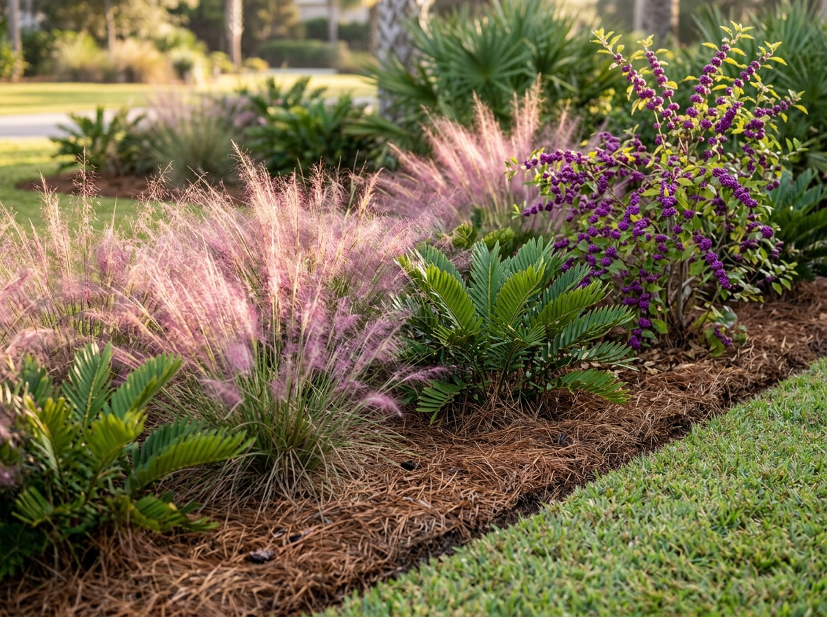 Front yard bed of coontie, muhly grass and beautyberry in a North Florida landscape