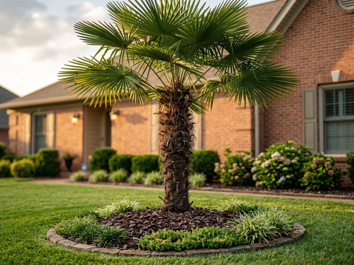 Cold-hardy windmill palm used as a focal point in a Centerville FL front yard