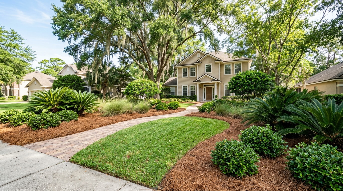 Finished low maintenance front yard landscape with pine straw beds and paver walkway in Centerville, FL