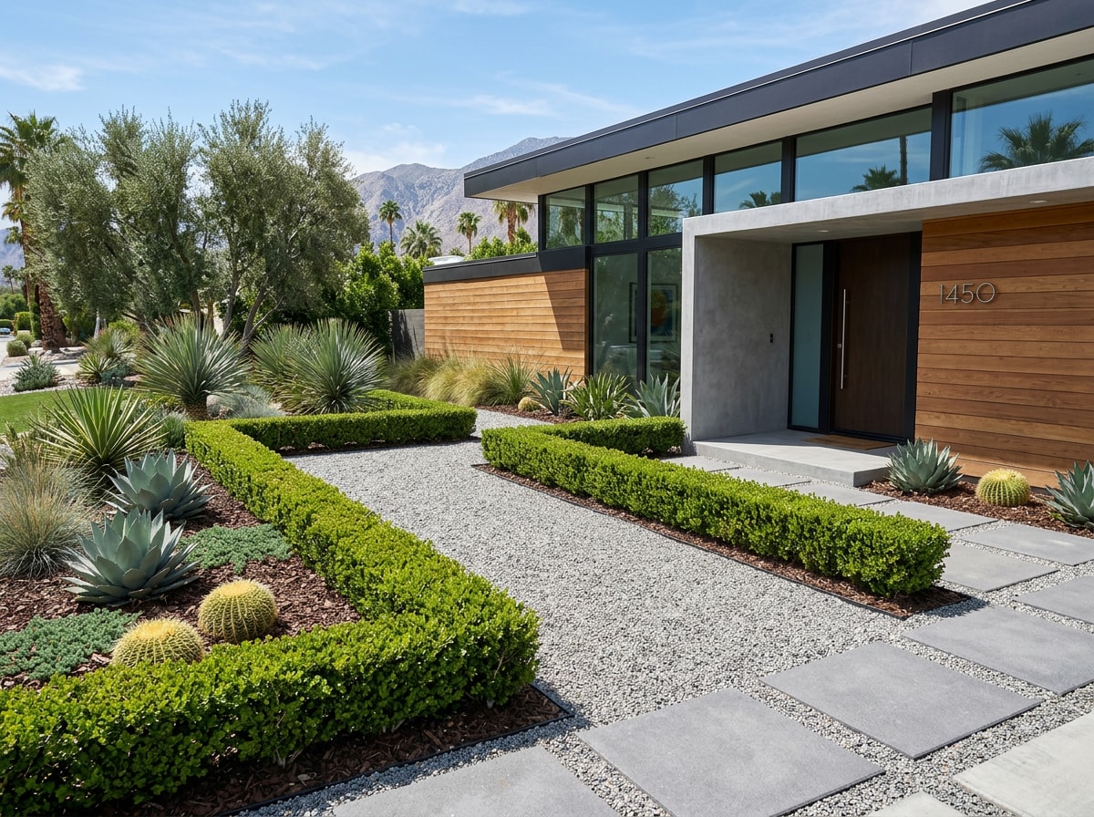Mid-century modern front yard with clean lines and geometric planting beds