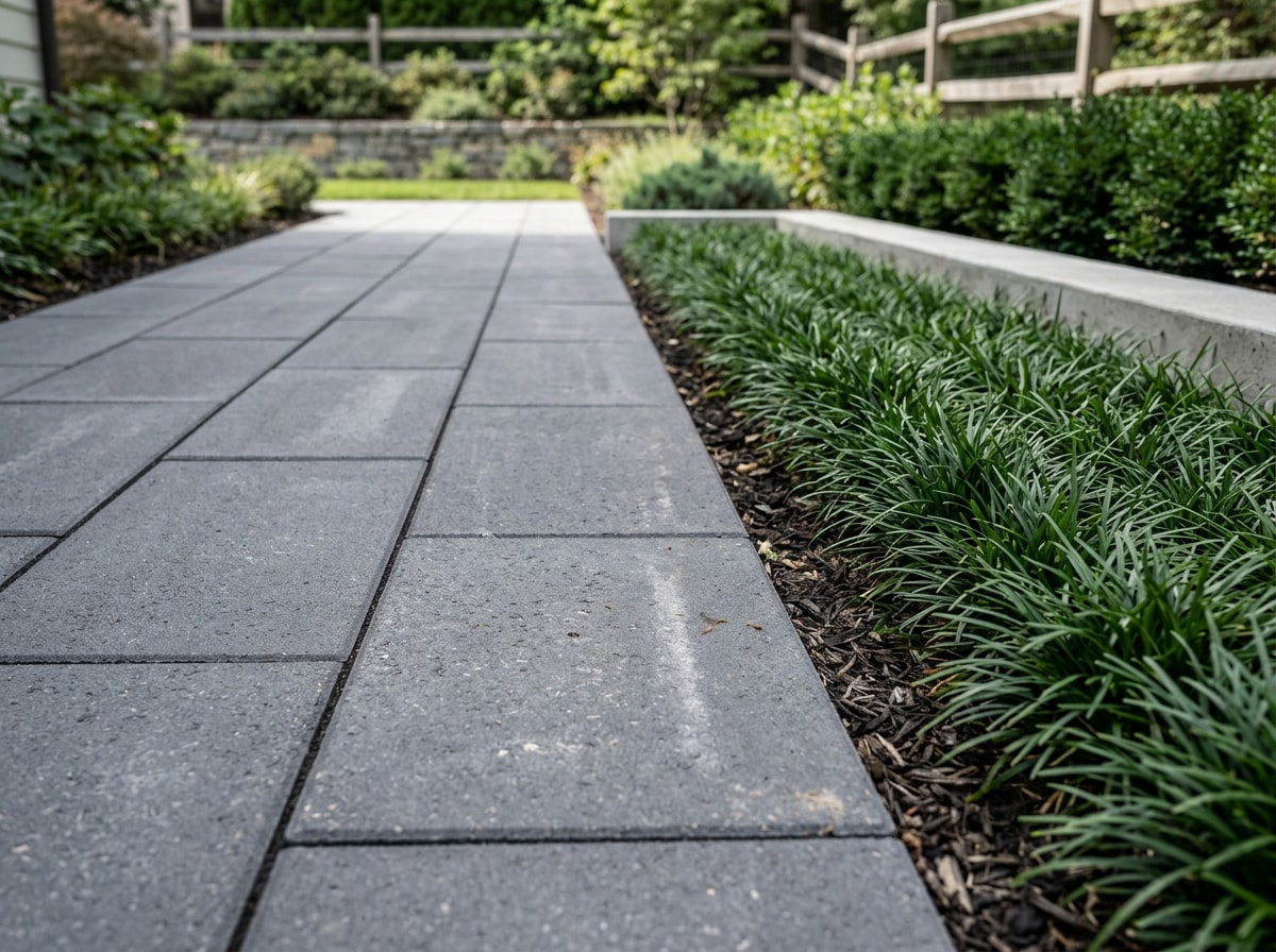 Geometric paver pathway bordered by a low, clean-edged planting bed