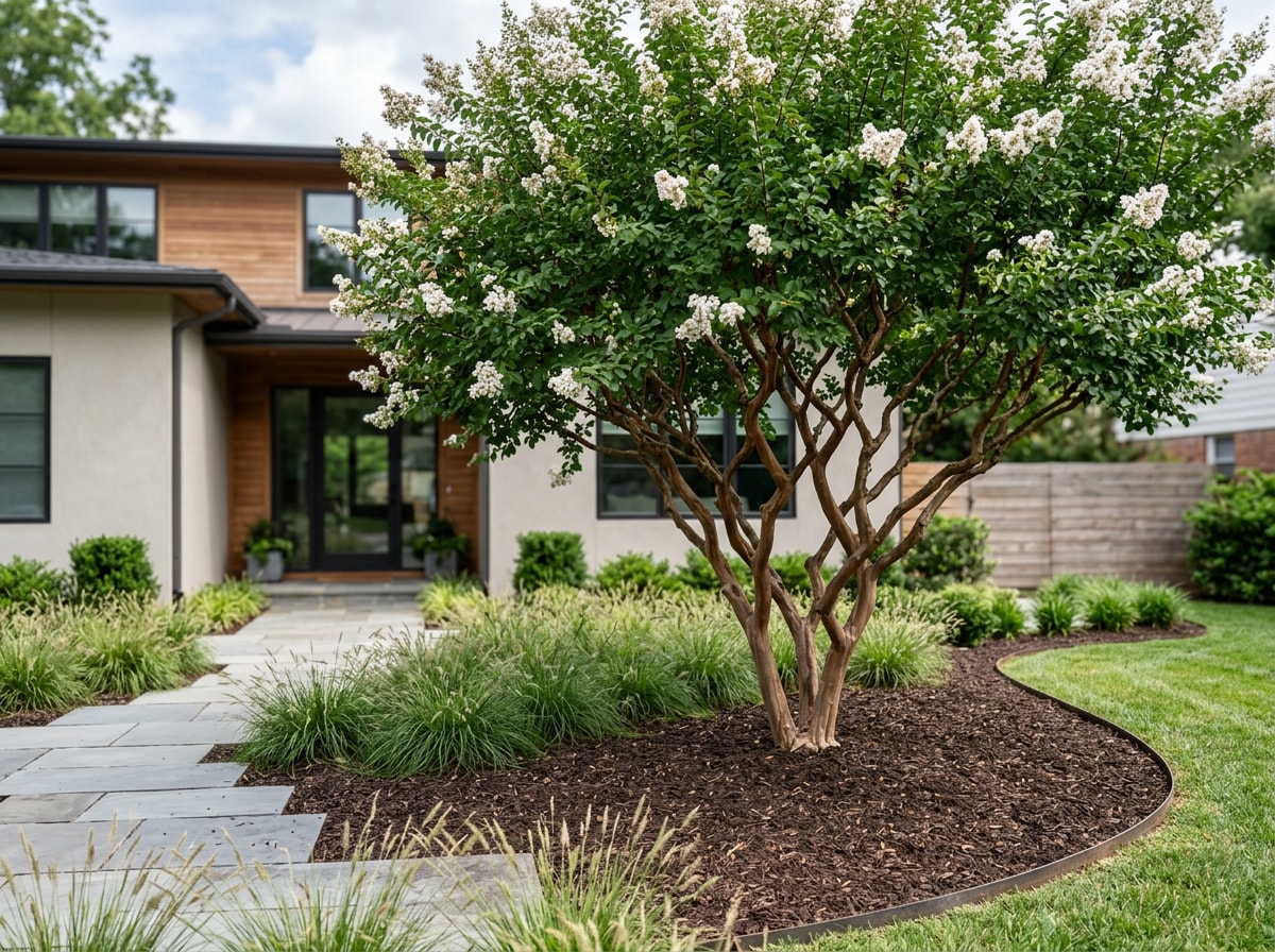 Single ornamental tree used as a sculptural focal point in a front yard