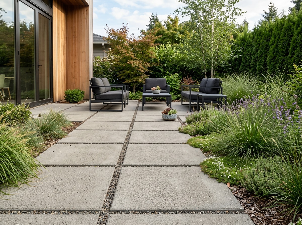 Patio area balancing hard paving with soft, low-profile plantings