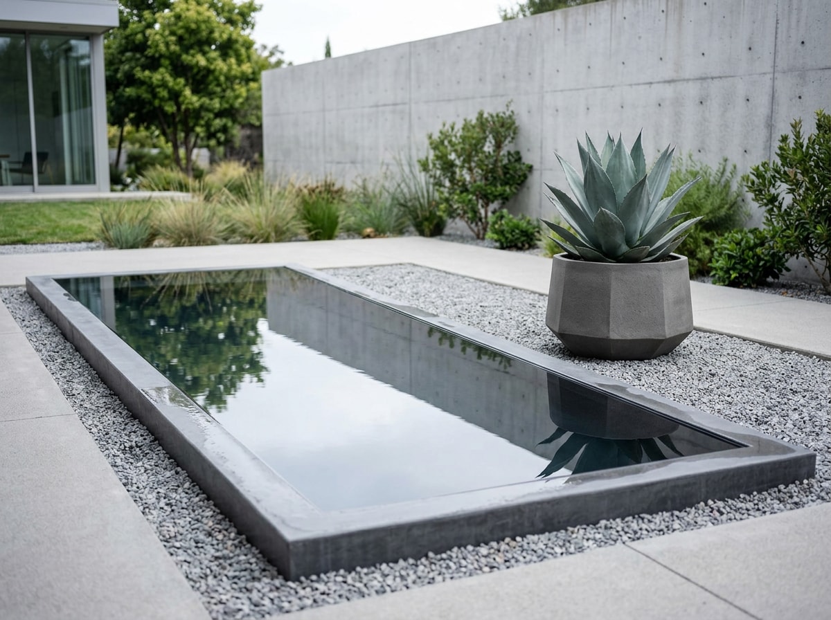 Minimalist rectangular water feature with a single sculptural planter nearby