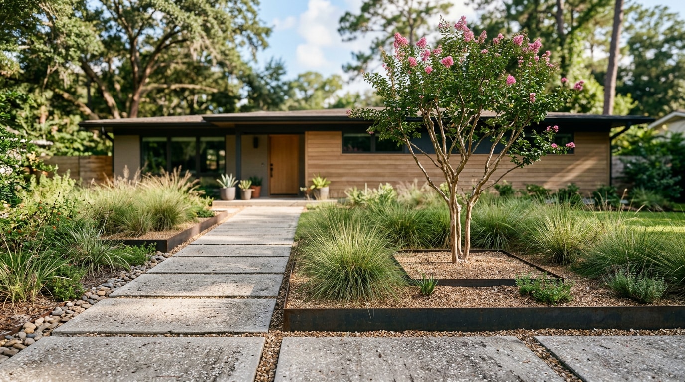 Mid-century modern landscaped front yard in Tallahassee, FL with geometric paver walkway and ornamental grasses