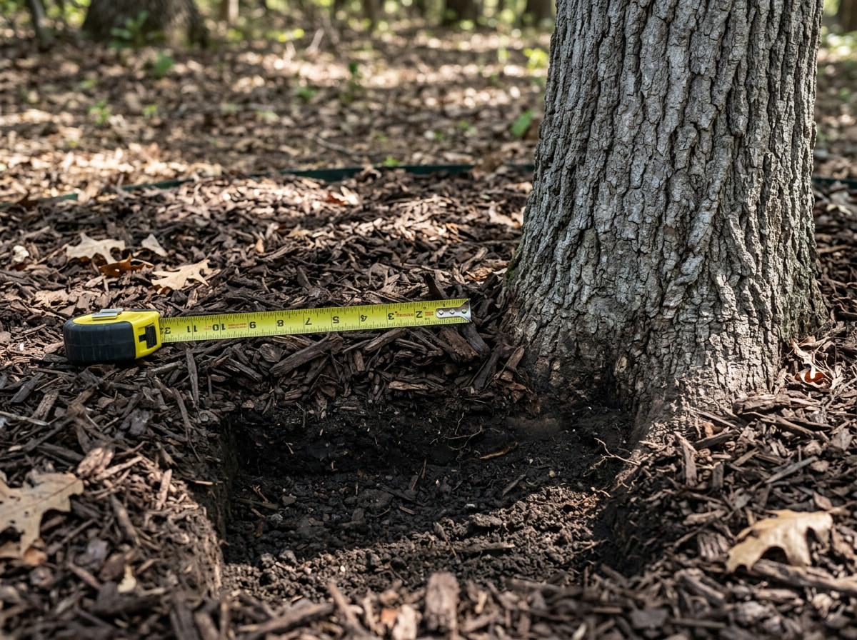 Cross section of a landscape bed showing three inches of pine bark mulch pulled back from an oak trunk