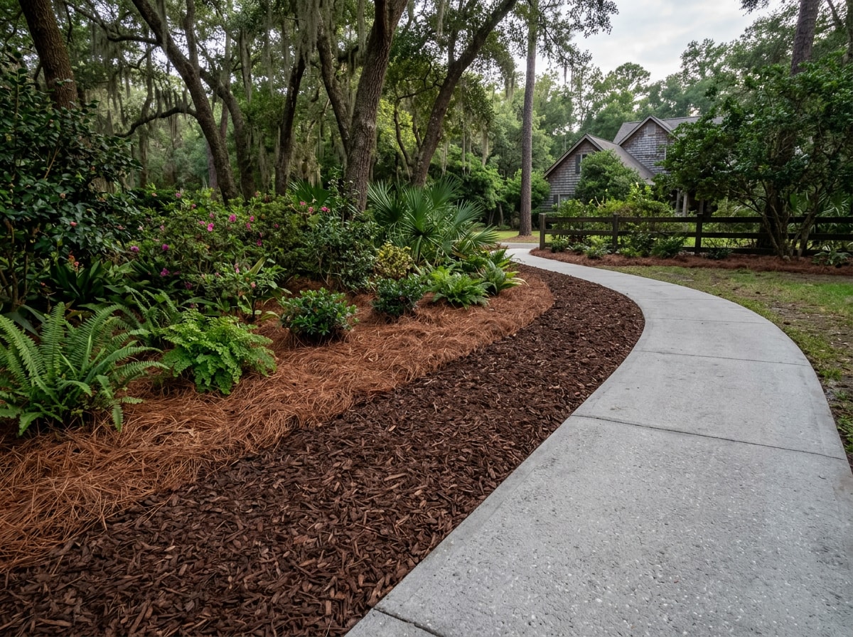 Freshly mulched shaded landscape bed with a crisp cut edge along a residential walkway