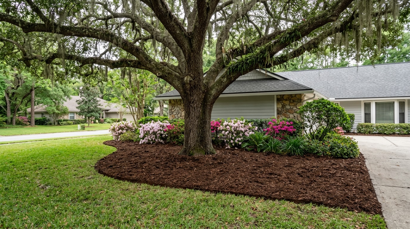 Freshly mulched landscape bed under a live oak canopy in Betton Hills, Florida Freshly mulched landscape bed under a live oak canopy in Betton Hills, Florida