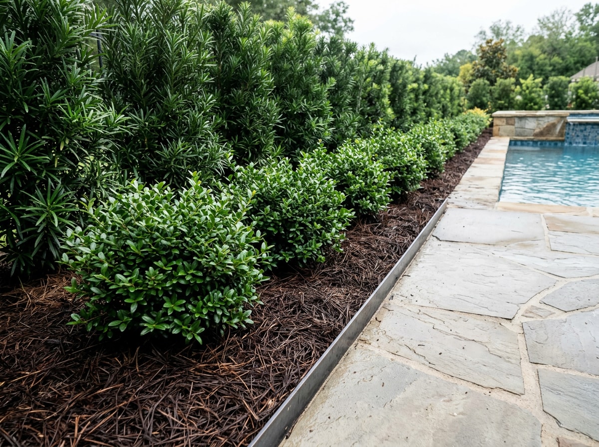 Cold-hardy podocarpus and dwarf yaupon holly beds around a screened pool in Tallahassee