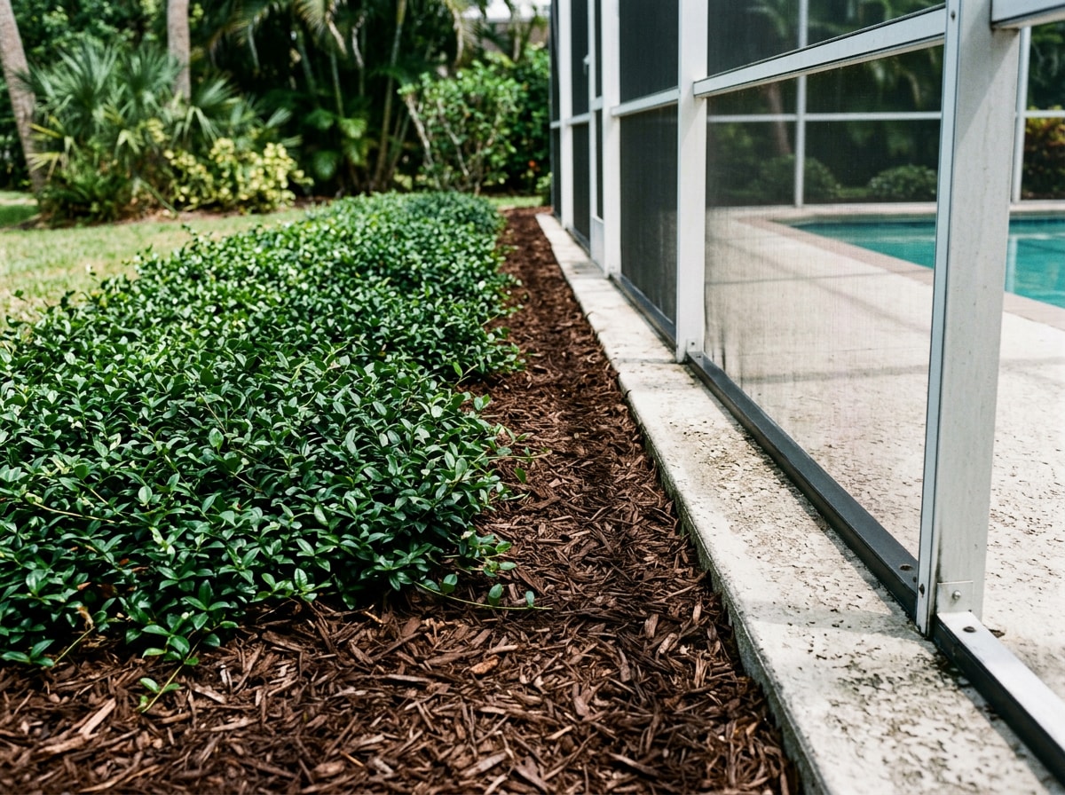 Mulched planting bed set back two feet from a pool screen enclosure frame