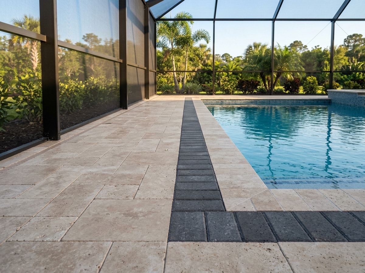 Travertine pool deck with a contrasting paver border beside a screened lanai