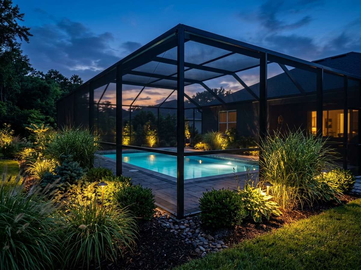 Dusk view of LED uplighting on shrubs around a screened backyard pool