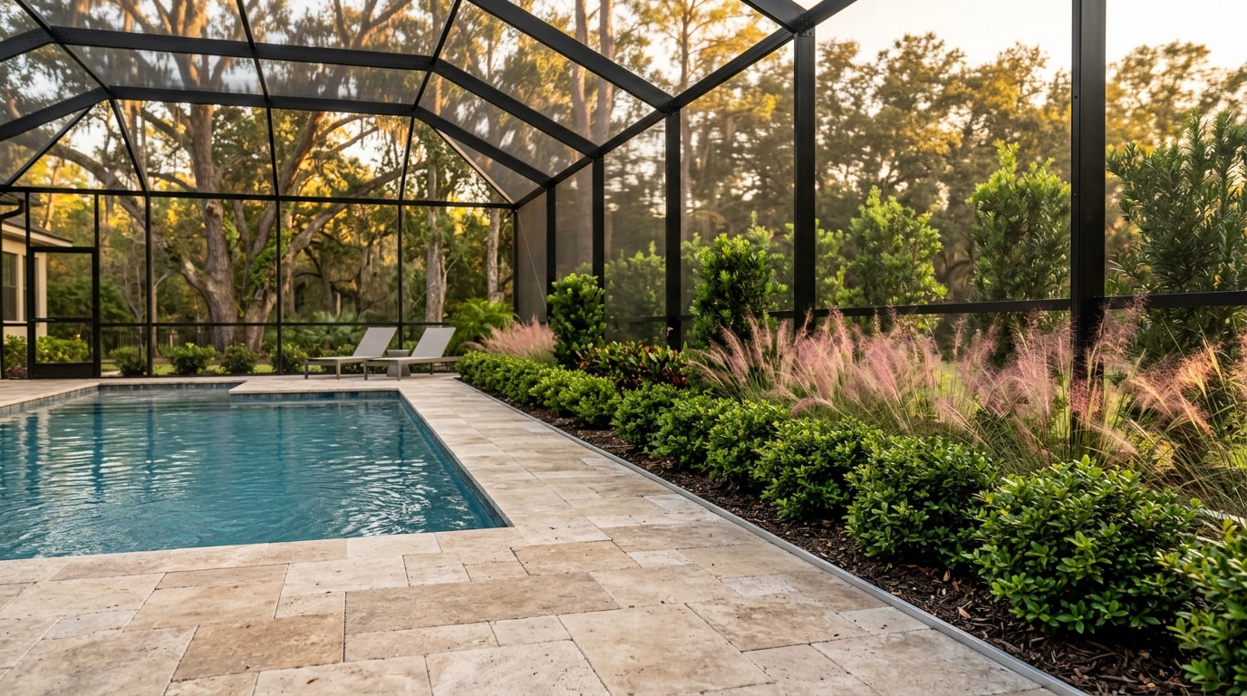 Screened pool with layered cold-hardy planting beds at a Golden Eagle home in Tallahassee, FL Screened pool with layered cold-hardy planting beds at a Golden Eagle home in Tallahassee, FL