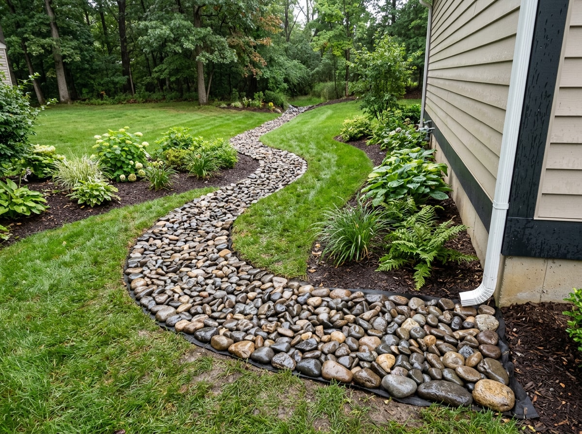 Completed river rock dry creek bed carrying downspout water away from a SouthWood home foundation