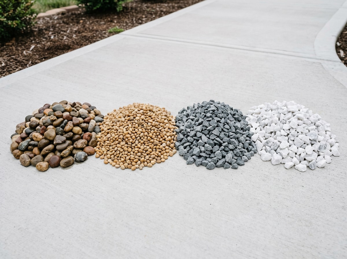 Side by side comparison of river rock, pea gravel, crushed stone and white marble chip landscape stone