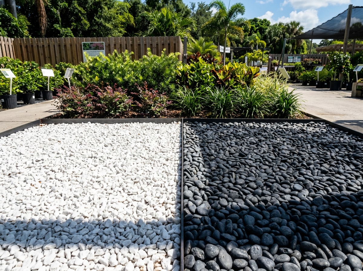 Light colored stone bed and dark river rock bed side by side in full North Florida sun