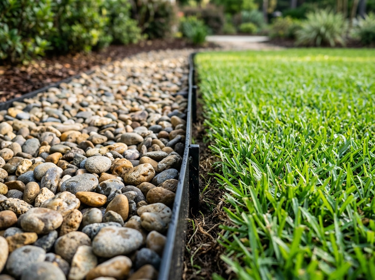 Finished river rock border with steel edging against St. Augustine turf