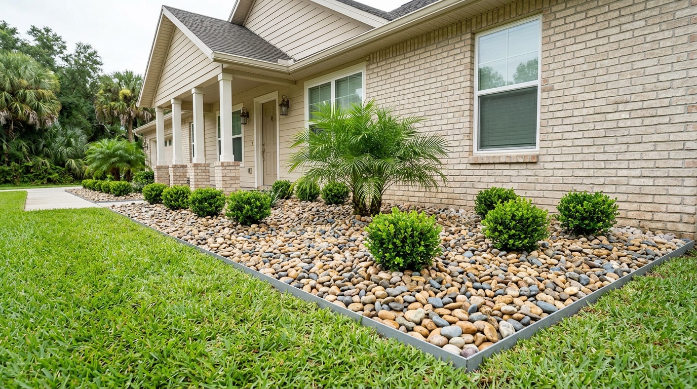 Finished river rock landscaping bed along the foundation of a SouthWood, FL home Finished river rock landscaping bed along the foundation of a SouthWood, FL home